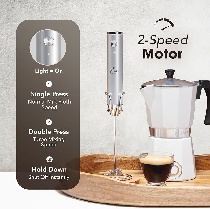 Zulay Kitchen Rechargeable Milk Frother Handheld - Frother Wand, Drink Mixer, Electric Whisk Frother, for Cappuccinos, Matcha & Protein Powder - Lux 4 Whisk 2 Speed Waterproof 2000mAh Silver