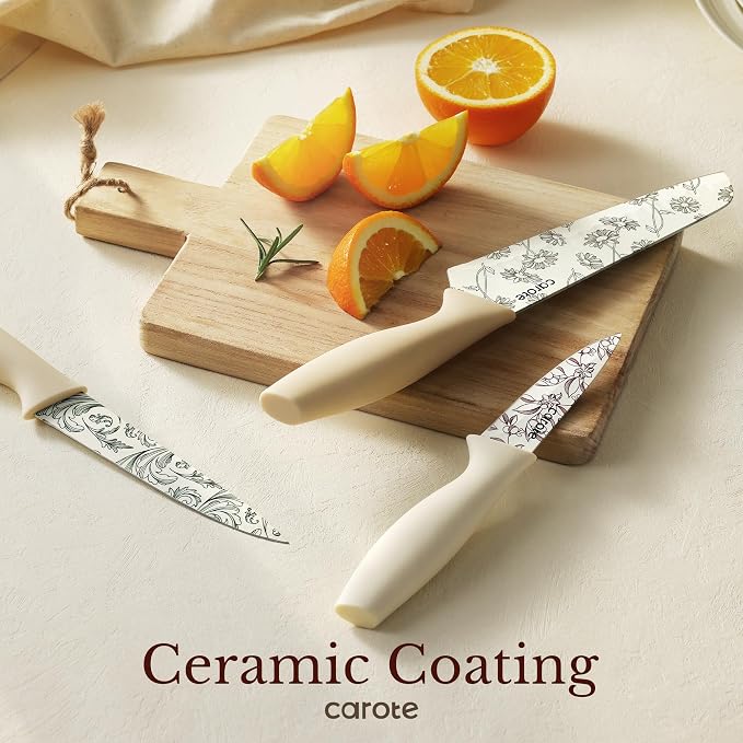 CAROTE Kitchen Knife Set, 6 Floral Knives with 6 Blade Guards, 12-Piece | Stainless Steel Blades, Ceramic Nonstick Coating, Long-Lasting Sharpness, Rust-Resistant, Non-Slip, Dishwasher Safe