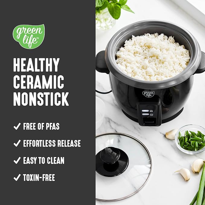 GreenLife Rice Cooker, 3-Cups Uncooked/6-Cups Cooked, Black | PFAS-Free Ceramic Nonstick Removable Pot, One-Switch Design, Grains Multicooker, Keep Warm, Dishwasher Safe Parts, Easy Clean