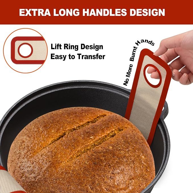 Silicone Bread Sling Dutch Oven - Best Japan Silicone. Non-Stick & Easy Clean Reusable Bread Baking Mat. With Extra Long Handles Bread Baking Sheet Liner, 2 Brown Set for Transferable Dough