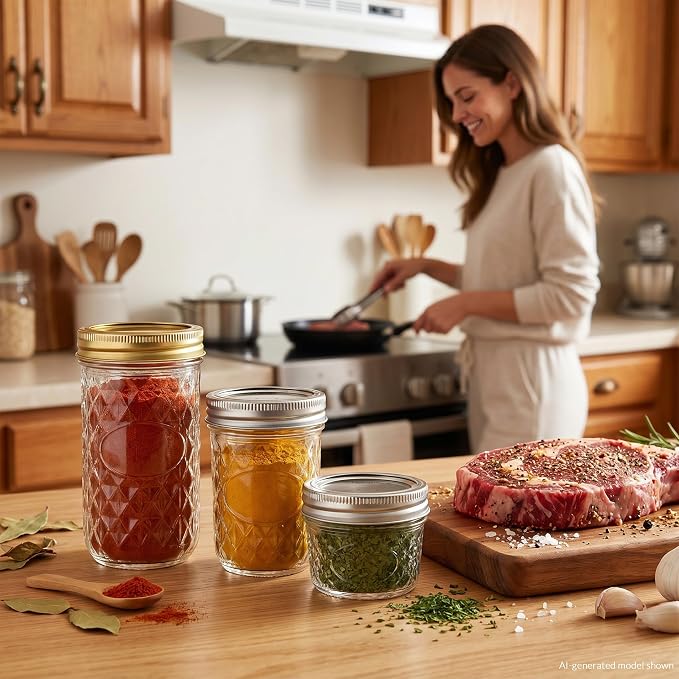 CycleMore 24 Pack Mixed Size Glass Mason Jars, Canning Jars With Split Lids | AirTight, BPA Free, 4 OZ x 8, 8 OZ x 8, 12 OZ x 8 (4oz -8oz-12oz), Ideal for Jam, Honey, Wedding Favors, Spice Jars & DIY