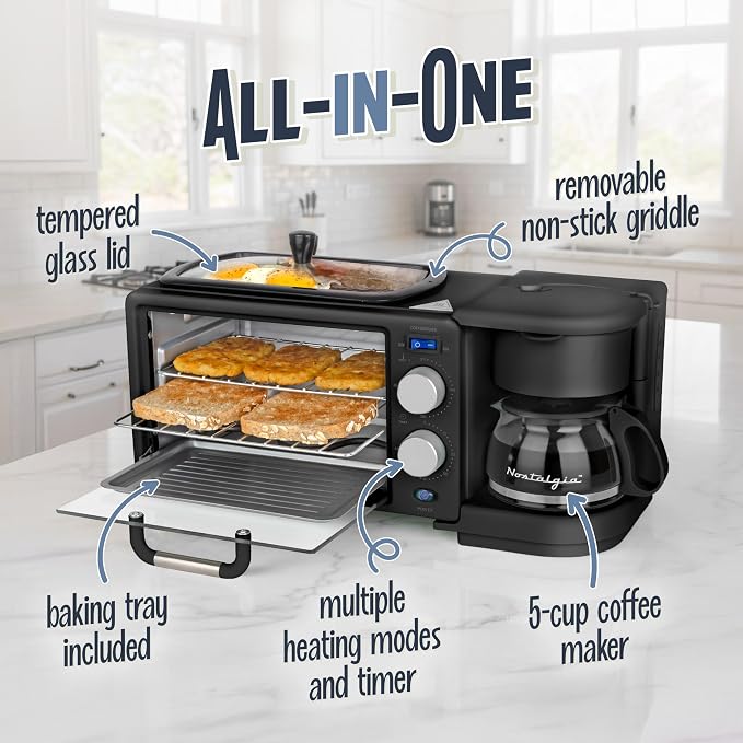 Nostalgia 3-in-1 Retro Breakfast Station - Includes 5 (4 Oz) Cup Coffee Maker, Non-Stick Ceramic Griddle, and 4-Slice Toaster Oven - Built-In Timer, Reusable Coffee Filter, Space-Saving Design - Black