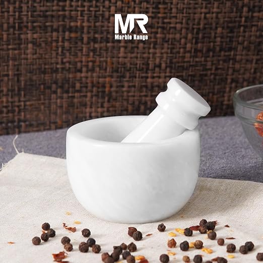 Marble Mortar and Pestle Set White 3" Inches Handmade Garlic Crusher & Grinder Bowl, Mini Mortar and Pestle for Kitchen - Herb Grinder Spice Grinder