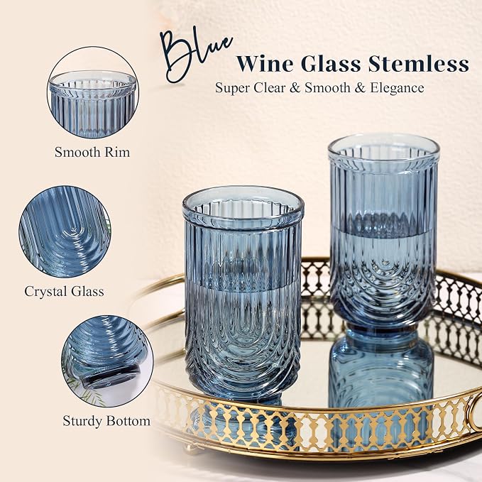 Blue Vintage Drinking Glasses Set of 6-17oz Hand-Blown Highball Ribbed Glassware, Arch Design Cocktail Glasses for Whiskey Water Beverages Ice Coffee Juice Milk