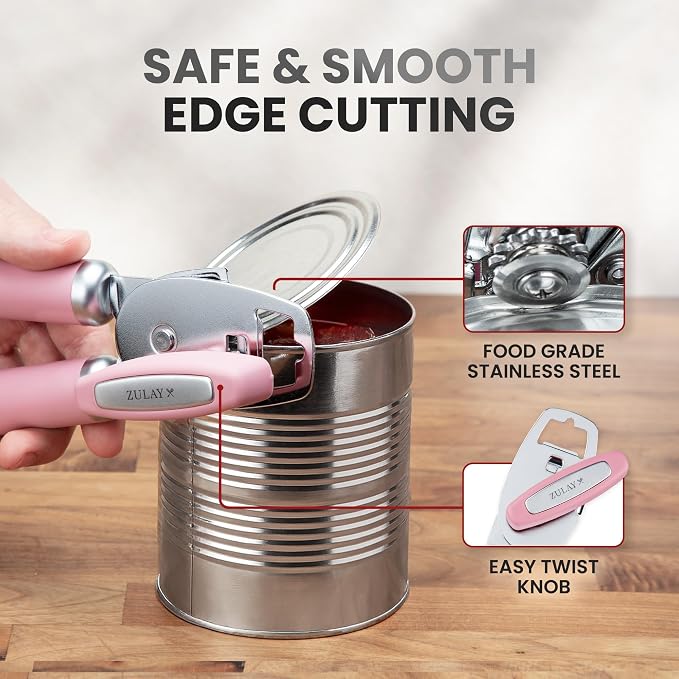 Zulay Kitchen Heavy Duty Stainless Steel Can Opener Manual with Bottle Opener - Rust Proof Manual Can Opener With Turn Knob & Comfy Soft Grip Handles - Pink