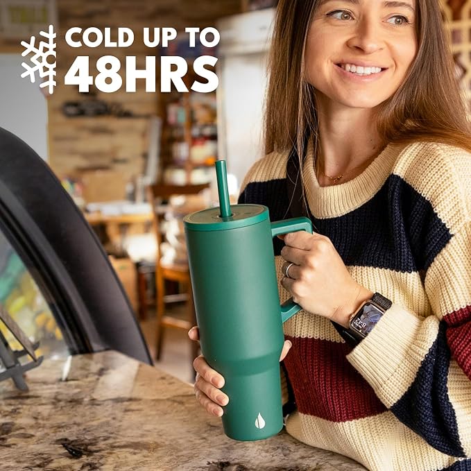 Elemental Spill Proof 40oz Insulated Tumbler with Handle & Straw Travel Mug | Stainless Steel Commuter Travel Coffee Mug for Cold Beverages, Includes 2 Straws & a Spill Proof Lid for Everyday Use