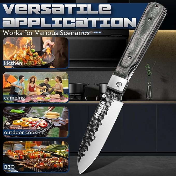Huusk Folding Chef Knife Set - Japanese Pocket Knife Set | Including Nakiri, Santoku, Bread and Fruit Knives, Hand Forged Blade, Wooden Handle, Gift Box