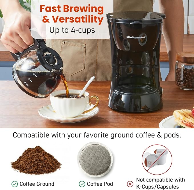 Elite Gourmet EHC4128 Automatic 4-Cup Drip Coffee Maker, Black | Glass carafe, Pause N Serve, reusable filter, On/Off switch, and Keep Warm with water level indicator