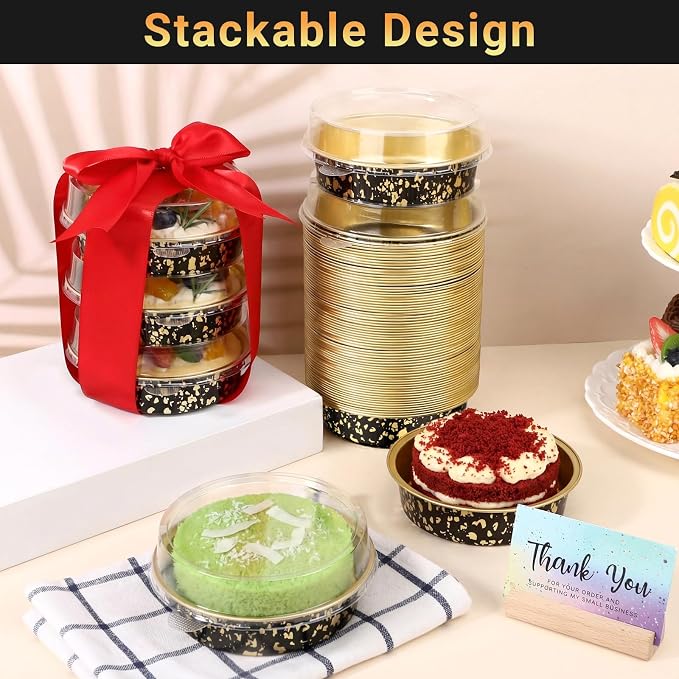 Beasea 4 Inch Pie Tins with Lids, 50 Pack 7.3 Oz Disposable Mini Tart Tins, Aluminum Foil Baking Tins Small Round Muffin Container Mini Cheesecake Cups for Pie Tart Quiche - Black Gold Speckles