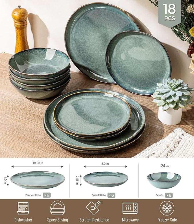 GBHOME Stoneware Dinnerware Sets for 6,18 Piece Rustic Plates and Bowls Set | Earthenware Handmade Reactive Glaze Plate Sets, Chip Resistant Ceramic Dishes, Microwave & Dishwasher Safe, Coastal Teal