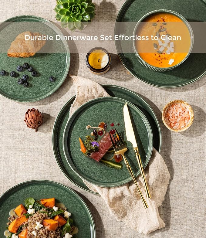 GBHOME Stoneware Dinnerware Sets for 4,16-Piece Plates and Bowls Set | Handmade Reactive Glaze Ceramic Dish Set, Scratch Resistant, Dishwasher&Microwave Safe,Dark Green
