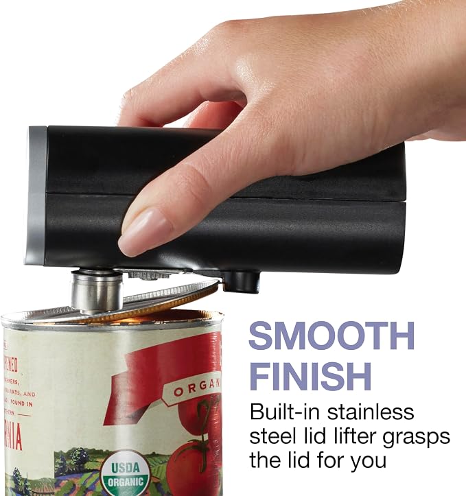 Proctor Silex Hands-Free Cordless USB Rechargeable Electric Can Opener | Automatic Shutoff | Self-Aligning | Smooth Touch Lid Edges | Compact & Easy to Store | Black | 76502
