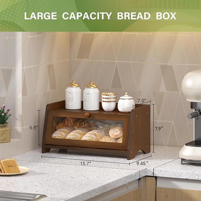 JANSNIMEN Vintage Bread Box for Kitchen Countertop, Large Bread Container Storage, Wooden Farmhouse Bread Box with Window Bread Holder (Brown)