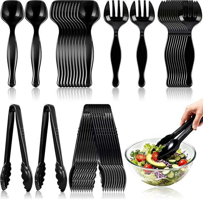 36Pcs Disposable Plastic Serving Utensils Set, 12 Black Spoons, 12 Forks, 12 Tongs, 9-Inch for Party Buffet Catering Events, Heavy Duty and Ergonomic Design