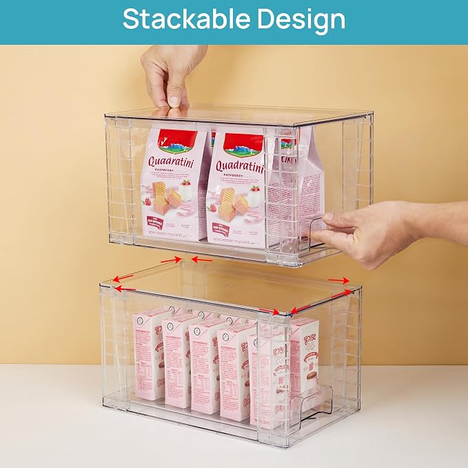 Vtopmart 4 Pack Stackable Clear Pantry Storage Drawers, Large | Large Clear Drawers with Handles. Stackable, Easy to Assemble, Non-slip and Sturdy for Pantry, Kitchen, Cabinet & Bathroom.