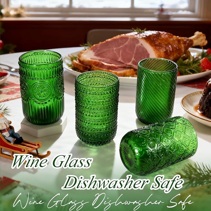 CHLJAR Christmas Green Vintage Wine Drinking Glasses Set of 6, 14 oz hobnail drinking glasses Glassware Embossed Green Water Tumbler for Beer, Juice, Cocktail, Whiskey, Milk