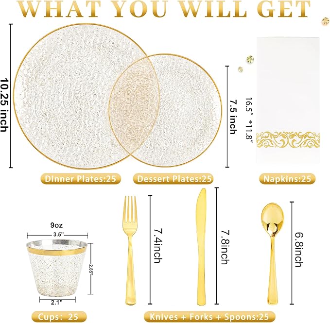 DaYammi 175PCS Clear Gold Glitter Plastic Dinnerware Set, Plastic Plates Disposable Hammered Plates for Party, Include: 25 Dinner Plates 25 Dessert Plates 75 Gold Silverware 25 Napkins 25 Cups