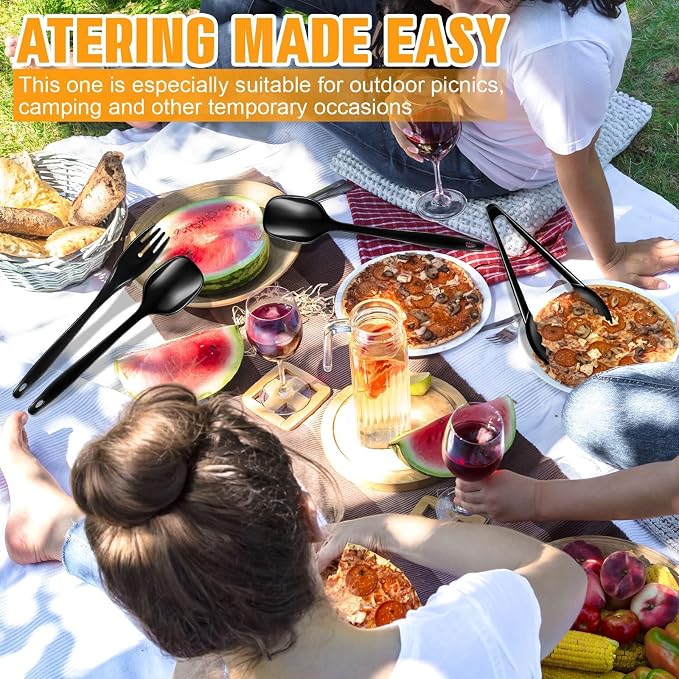 20Pcs Disposable Plastic Serving Utensils, Buffet Serving Utensils Set | 8 Black Plastic Serving Spoons, 4 Tongs, 8 Forks for Catering, Entertaining and Parties
