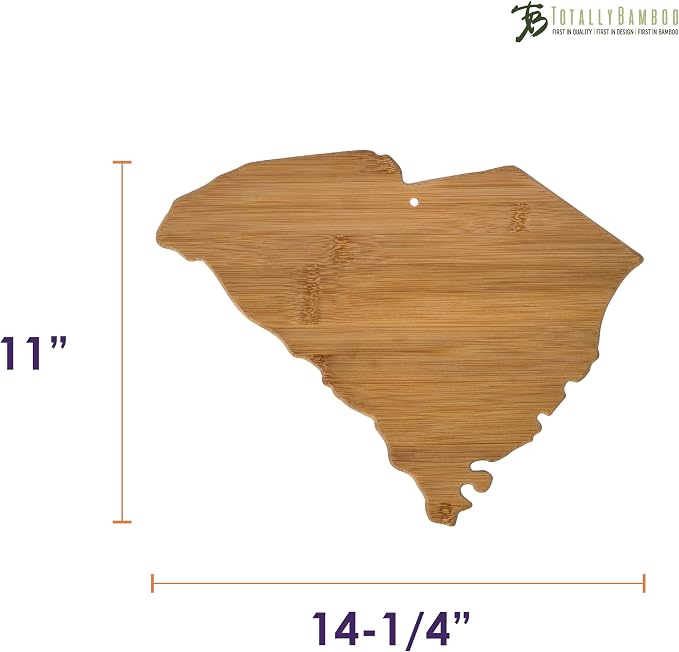 Totally Bamboo South Carolina State Shaped Bamboo Serving and Cutting Board | State charcuterie board with natural bamboo grain. Knife-friendly surface for food prep. Hang tie for wall display.