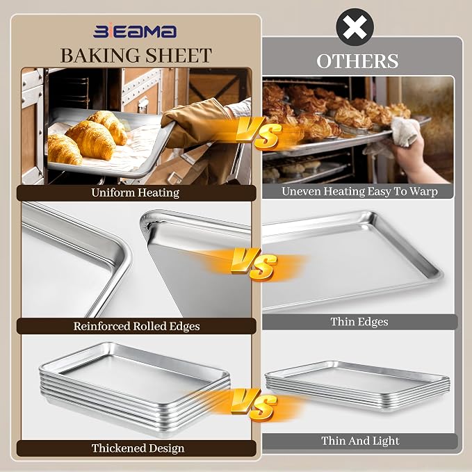 BIEAMA Aluminum Baking Sheet Pan Set of 4, 18" x 13"+ 13" × 10" | Includes 2 Half Sheet Pans & 2 Quarter Size Commercial Heavy Duty Cookie Sheets for Oven