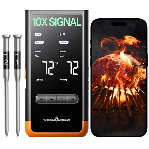 ThermoMaven Sub-1G Wireless Meat Thermometer, 2 Probes WiFi Thermometer | 3000FT Open Range, Smart App + Base Control, 6 Sensor NIST ±0.5°F Accuracy, BBQ Smoker Grill Oven, Brisket Steak Turkey Pork