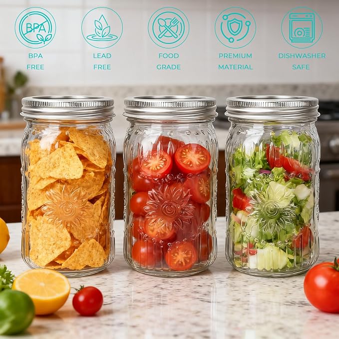 CycleMore 6 Pack 32oz Glass Mason Jars with Silver Two-Piece Lids | AirTight, BPA Free, Wide Mouth Jars, 1 Quart Canning Jars With Sunflower Print for Preserving, Decor & Storage