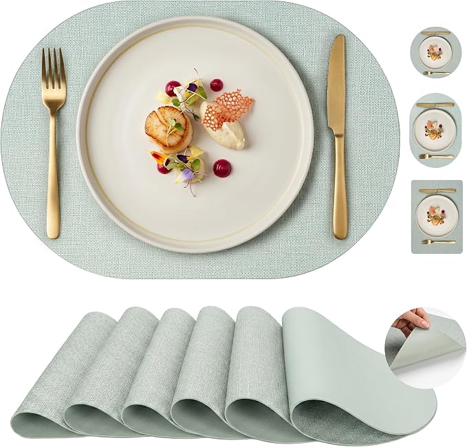 Faux Leather Placemats Set of 6, Wipeable Waterproof Stain Resistant Table Mats, Heat Resistant Thick Placemats with Hand-Painted Edges for Kitchen Dining, Imitative Linen Texture, Various Shapes