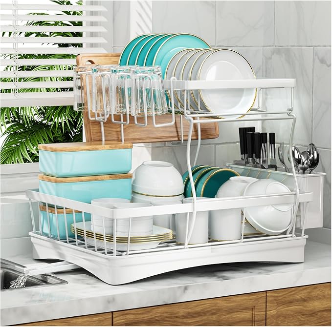 7 code 2-Tier Large Dish Drying Rack for Kitchen Counter, White | Detachable Large Capacity Dish Drainer Organizer with Auto Drain, Anti-Rust Dish Rack with Cup & Utensil Holders