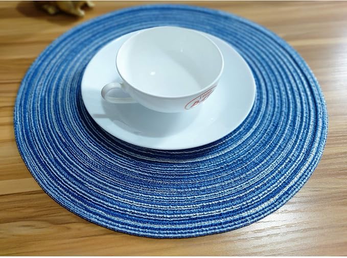 Zupro Round Placemats Set of 6,Braided Cotton Table Mats Heat Resistant Non-Slip Washable,for Kitchen Dining Tables Four Seasons Dinner Parties Thanksgiving Christmas and Everyday Use.Blue White