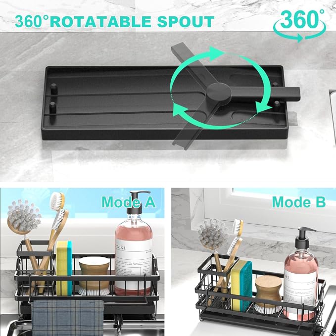 Sponge Holder for Kitchen Sink - Countertop Rustproof Stainless Steel, Sink Caddy, Kitchen Gadgets Accessories (Black)