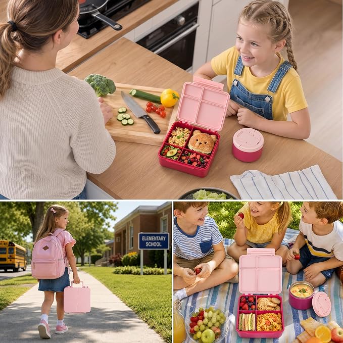 Bento Lunch Box Set for Kids with 8 oz Soup Thermo, Leakproof Hot Food Container with 4 Compartments, Insulated Food Jar for Toddler Daycare Boys Girls School - Pink