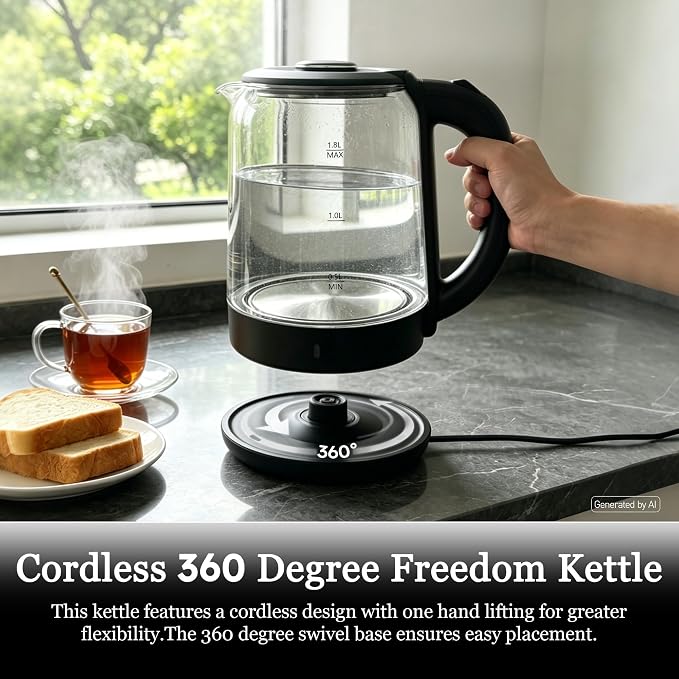 1.8L Glass Electric Kettle for Tea and Coffee | 1000W Rapid Boil Hot Water Kettle, Borosilicate Glass, Auto Shut-Off, BPA Free, Easy Cleaning, Cordless 360°Swivel Base