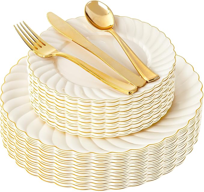 YOUBET 125PCS Ivory Scalloped Plastic Plates for Party Wedding | Cream Scalloped Disposable Plates - Gold Plastic Dinnerware Set Include 50 Plates, 75 Gold Silverware