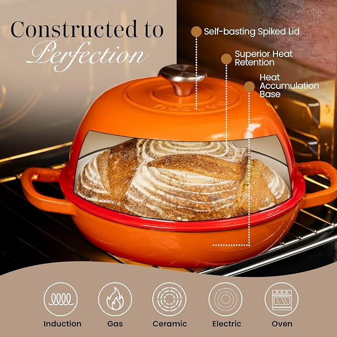 Enamelled Cast Iron Dutch Oven Pot – Dutch Oven For Sourdough Bread Baking – Cast Iron Bread Pot – Orange, 6 Quarts, 26cm – by Nuovva