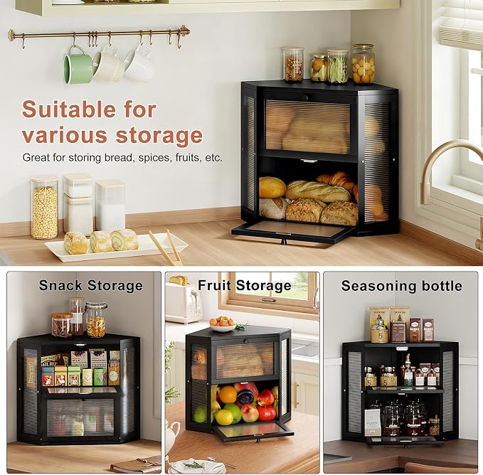 WOWLIVE Double Layer Corner Bread Box for Kitchen Countertop with 2 Doors | Bamboo Bread Storage Container, Large Farmhouse Breadbox with Acrylic Wavy Door, Under Cabinet Organizer, Black, Medium