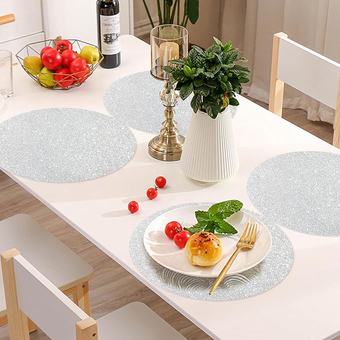 100PCS Silver Glitter Paper Placemats Disposable 13.4 Inch Shiny Round Paper Place Mats Decorative Silver Table Mats for Birthday Wedding Party Sparkle Kitchen Dining Tableware