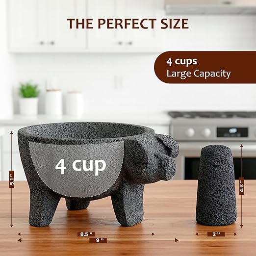 9 inch Molcajete Mortar and Pestle with Pig Design, Mexican Handmade with Lava Stone Ideal as Herb Bowl, Spice Grinder, Volcanic Stone