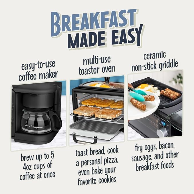Nostalgia 3-in-1 Retro Breakfast Station - Includes 5 (4 Oz) Cup Coffee Maker, Non-Stick Ceramic Griddle, and 4-Slice Toaster Oven - Built-In Timer, Reusable Coffee Filter, Space-Saving Design - Black
