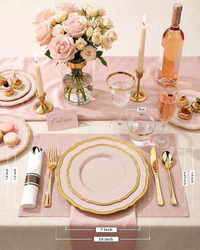 350 Pcs Pink and Gold Plastic Plates for Wedding & Party | Pink Plastic Dinnerware Set Includes 50 Dinner Plates, 50 Dessert Dinnerware, 50 Cups, 50 Rolled Napkin Cutlery