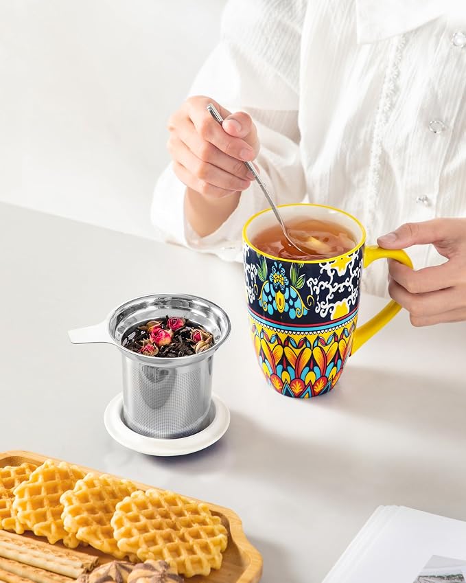 vancasso 18 Oz Tea Infuser Mug with Lid, Golden Lotus Mirage | Eye-Catching Bohemian Pattern, Adds Charm to Any Tea Corner, Ceramic Mug with Infuser, Microwave and Dishwasher Safe