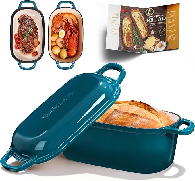 4.6-Quart Oval Dutch Oven for Bread Baking | 2 in 1 Enameled Cast Iron Bread Pan with Lid, Sourdough Baking Pan for a Crispy Crust, Teal