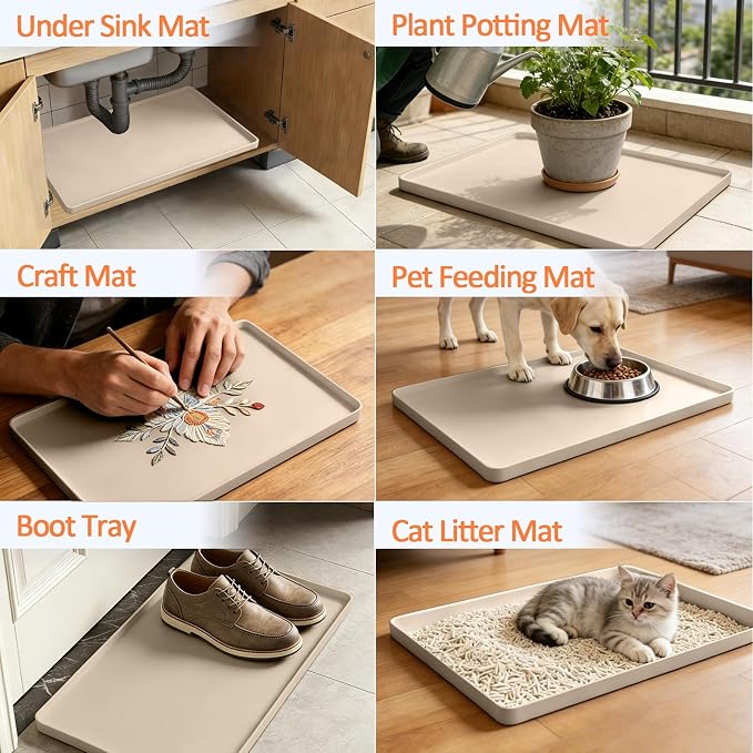 Silicone Coffee Maker Mat with Lip for Countertops, 15.7'' x 11.8'', Khaki | Multi leak-proof coffee tray for countertop, non-slip silicone mat fits most coffee makers & espresso machines, wipe-clean