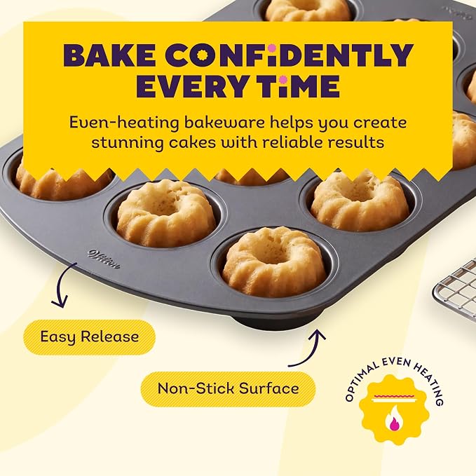 Wilton Gold Non-Stick Mini Fluted Tube Pan, Stainless Steel, 12-Cavity | Non-Stick Steel with Scratch-Resistant Coating, Resists Warping, Dishwasher Safe, Perfect for Mini Bundts & Fluted Cakes