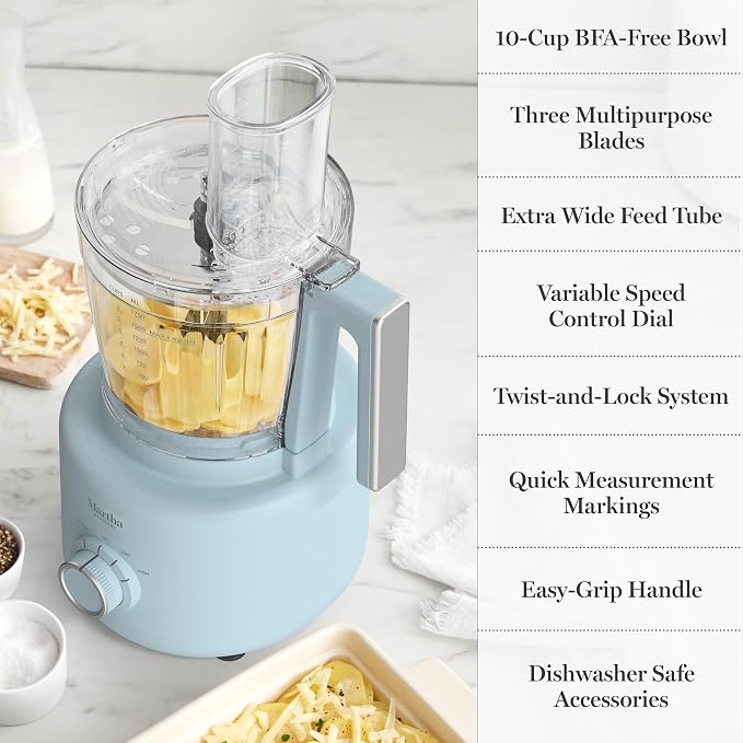 Martha Stewart 10 Cup Food Processor & Electric Chopper, One Touch Pulse | BPA-Free Bowl, 3 Multipurpose Blades, Easy Food Prep, Chop, Slice, Shred, Puree, Emulsify, Speed Dial, Wide Feed Chute, Blue