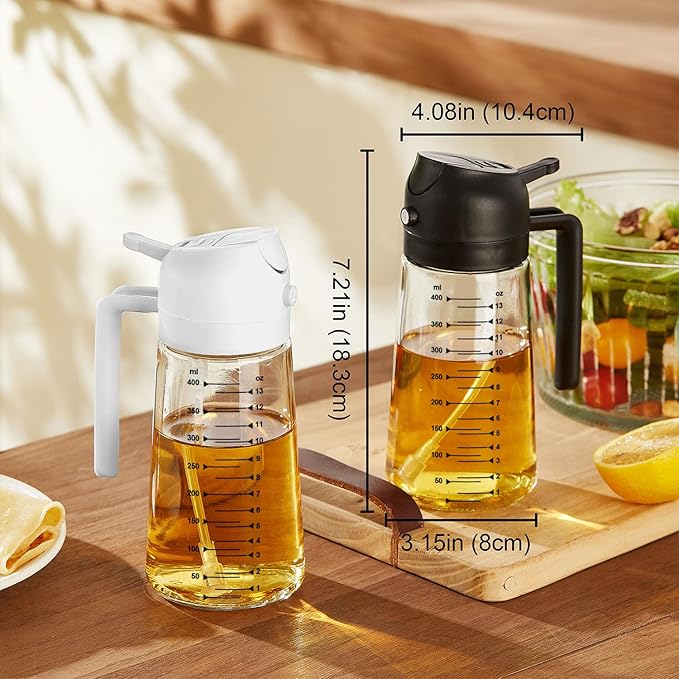 TrendPlain 16oz/470ml Glass Olive Oil Sprayer for Cooking – 2 in 1 Olive Oil Dispenser Bottle for Kitchen Gadgets and Air Fryer Accessories, Salad, BBQ - White