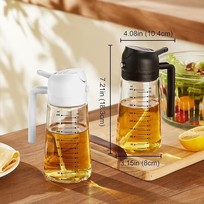 TrendPlain 16oz/470ml Glass Olive Oil Sprayer for Cooking – 2 in 1 Olive Oil Dispenser Bottle for Kitchen Gadgets and Air Fryer Accessories, Salad, BBQ - 2 Black