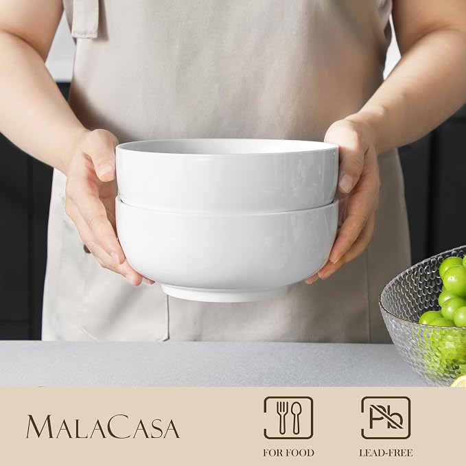 MALACASA Salad Soup Bowls Set of 2, 44 OZ White Ceramic Bowls | Porcelain Bowls for Soup, Cereal, Pasta, Oatmeal, Ramen, Microwave & Dishwasher Safe, Series REGULAR