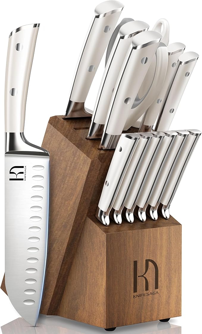 KnifeSaga 15 Pcs Japanese Knife Set with Sharpener, Premuim, Razor Sharp | Innovative Steel, High Carbon Stainless, Enduring Sharpness, Ergonomic Handle, Quality Acacia Wood Block, Full-tang, Gift Box