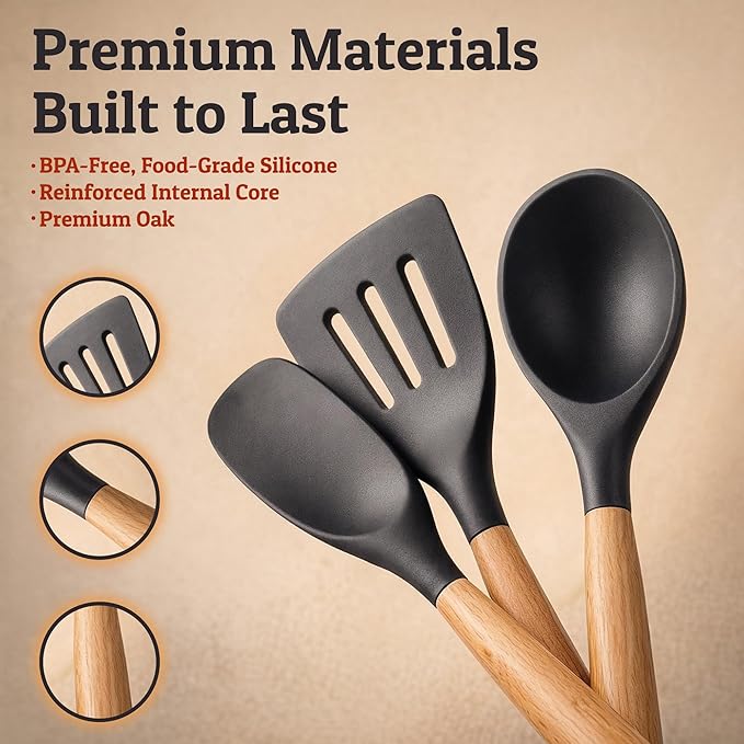 PriorityChef Silicone Cooking Utensil Set with Wooden Handles - Kitchen Utensils for Nonstick and Ceramic Cookware, Heat Resistant up to 446°F, Black