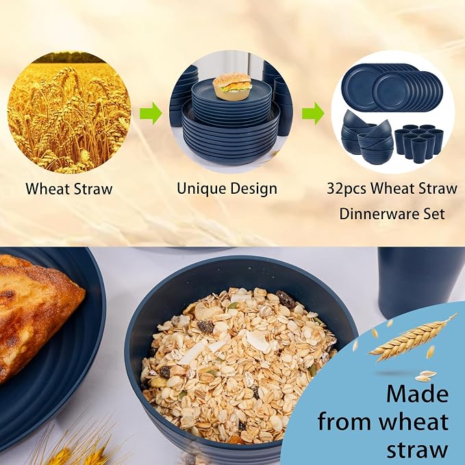 32PCS Blue Wheat Straw Dinnerware Sets for 8 Camper Plates | Unbreakable Midnight Blue Wheat straw Tableware Set,Lightweight Reusable Plastic Dishes for Camping,Party and Everyday Meals